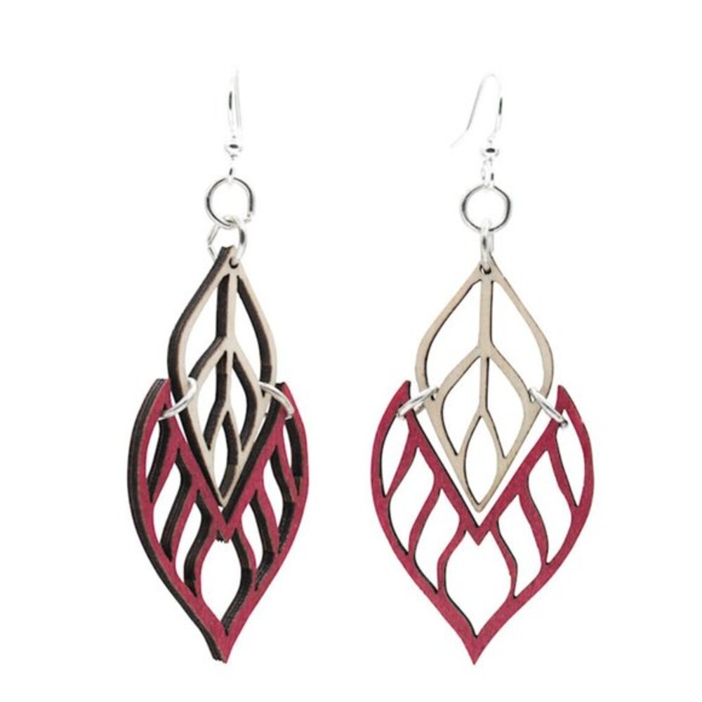 Green Tree Earrings Flame Tip Cherry Red Wooden Lightweight